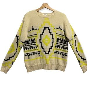 F21 Wool Knit Sweater Long Sleeve Aztec Stitching White Black Yellow Medium